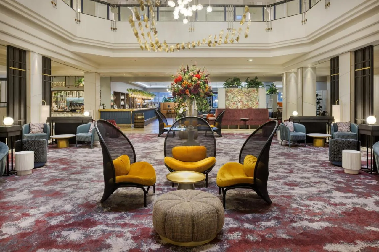 Hotel lobby with chandelier at Hilton Glasgow in Glasgow city centre