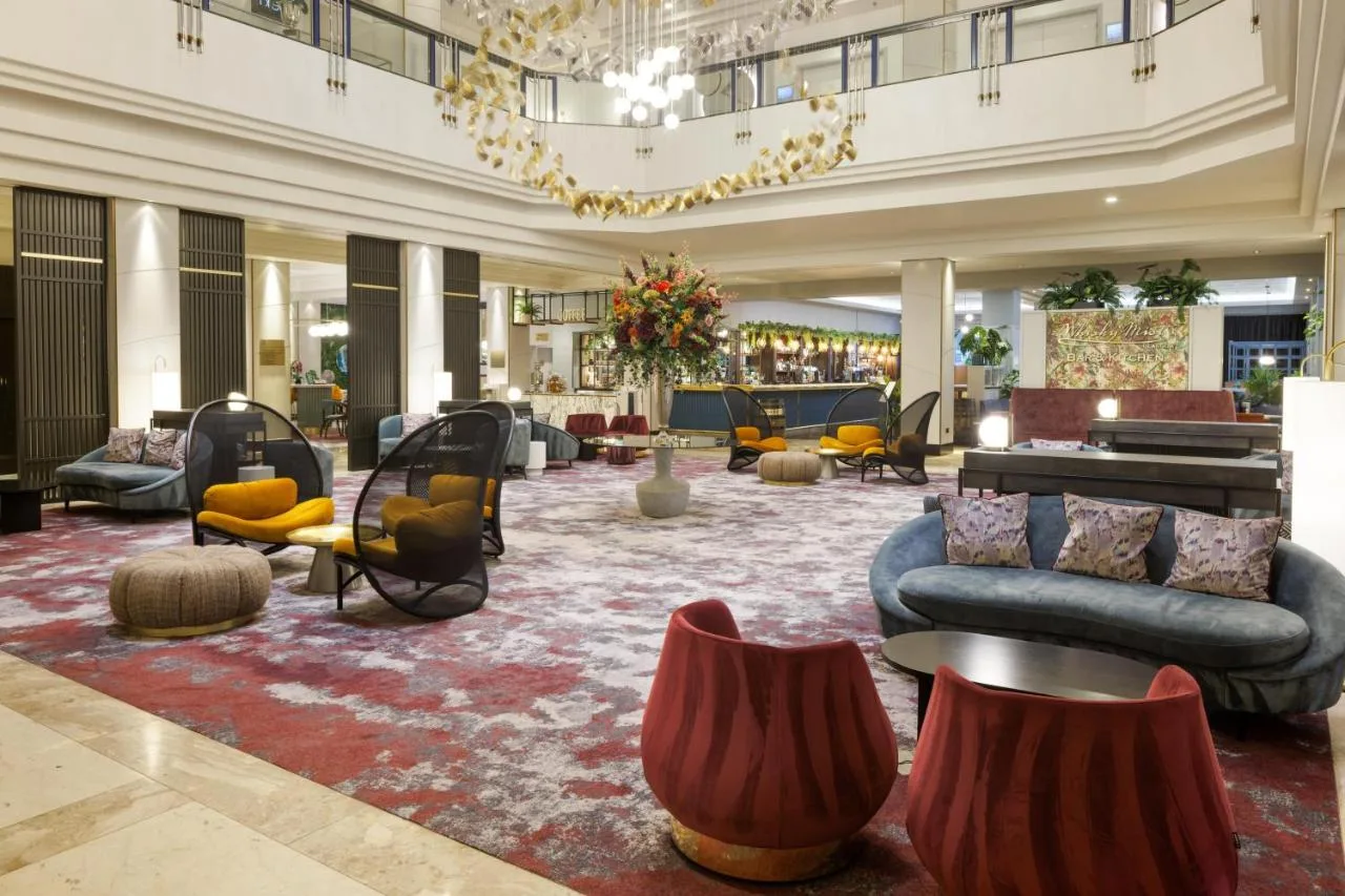 Lobby lounge with couches and chairs at Hilton Glasgow, Glasgow